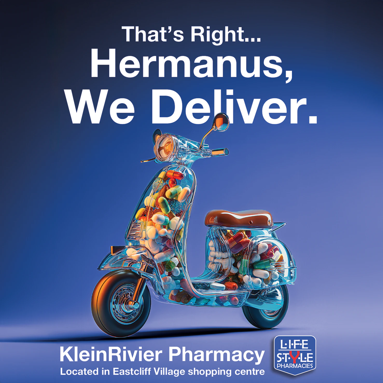Need your medications today? KleinRivier Pharmacy's Same-Day Delivery Service ensures you get your prescriptions when you need them. Our ad emphasizes our commitment to convenience and timely care.