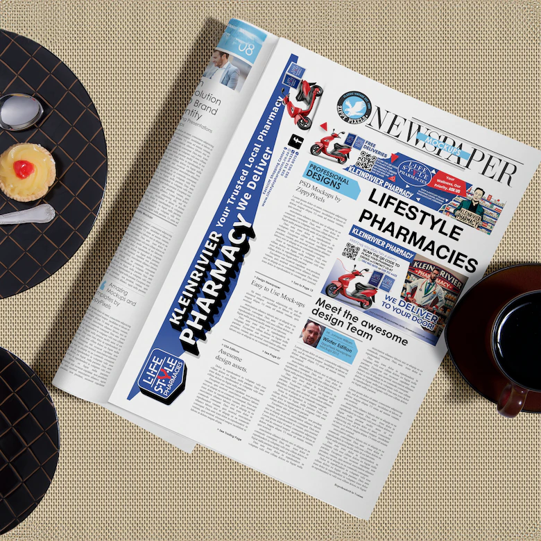 Discover the convenience of KleinRivier Pharmacy's delivery services with our striking newspaper mockup. Showcasing a variety of delivery ads, this creative approach highlights our commitment to providing fast, reliable, and hassle-free pharmaceutical care. Choose KleinRivier for your health needs and experience wellness delivered straight to your doorstep.
