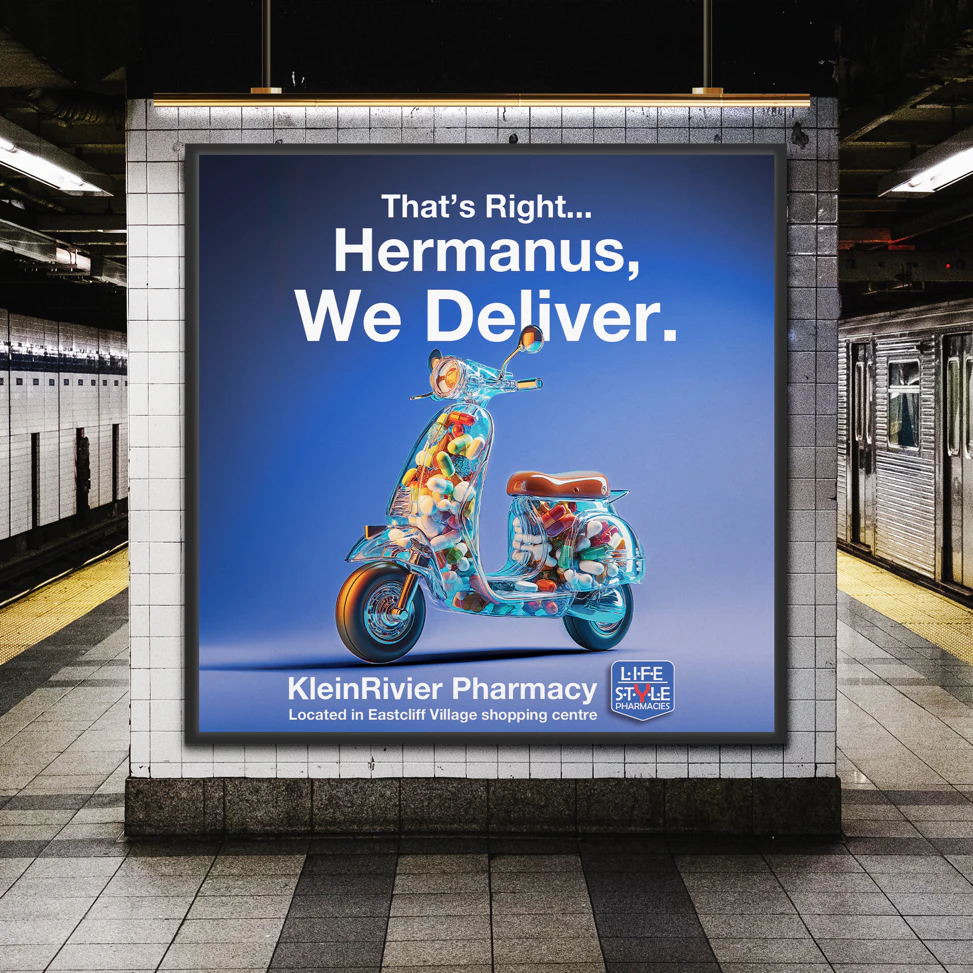 Never miss a dose with KleinRivier Pharmacy's Fast-Track Prescription Delivery. Our ad showcases the speed and reliability of our medication delivery services in Hermanus, ensuring your health is always in good hands.